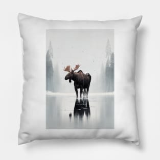 Swedish Winter Reflection Minimalist Art Print of a Majestic Moose Pillow