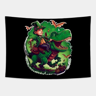 Funny Leprechaun Riding T-rex Tapestry