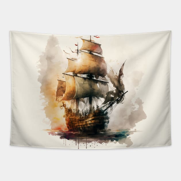 Pirate Ship watercolour Tapestry by Buff Geeks Art