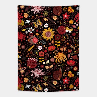 Japanese Garden - Red, Gold and Rust on Black - exotic floral pattern by Cecca Designs Tapestry