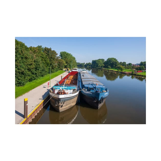 Germany; Nienburg; weser Lower Saxony; City; Flow; Bridge; weser bridge; Ship; barge by Kruegerfoto