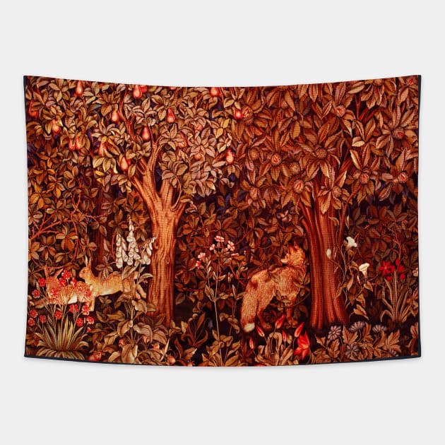 AUTUMN FOREST ANIMALS Fox and Hares Red Brown Floral Tapestry Tapestry by BulganLumini