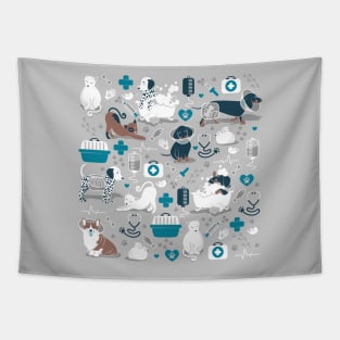 Veterinary medicine, happy and healthy friends // grey background turquoise details navy blue white and brown cats dogs and other animals Tapestry