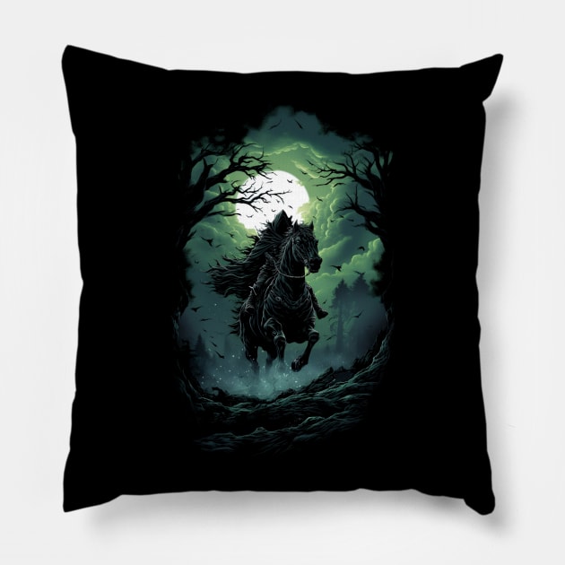 Mystical Black Rider in Moonlit Forest - Fantasy Pillow by Fenay-Designs