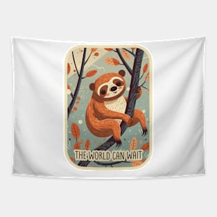 The World Can Wait Cute and Funny Lazy Sloth Illustration Tapestry