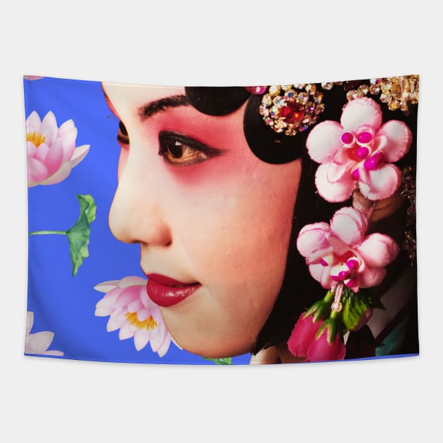 Chinese Opera Star with Lotus Flowers Deep Purple - Hong Kong Retro Tapestry by CRAFTY BITCH