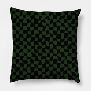 Warped Checkerboard, Black and Green Pillow