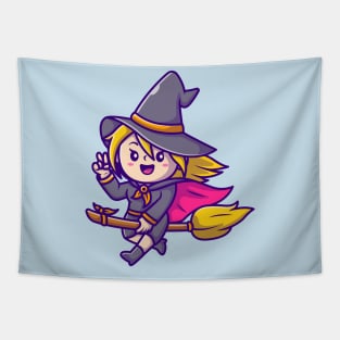 Cute Witch female Riding Magic Broom Cartoon Tapestry