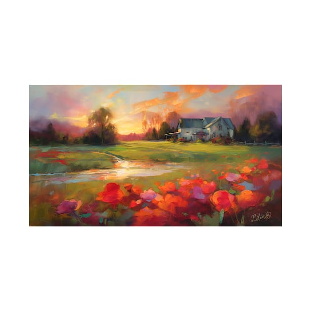 Farmhouse and field of poppies at sunset by redwitchart