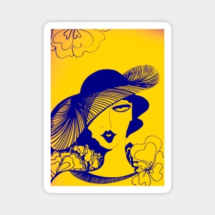 RETRO SUNSHINE YELLOW INDIGO 70S DECO LADY WITH HAT OP ART PRINT Magnet