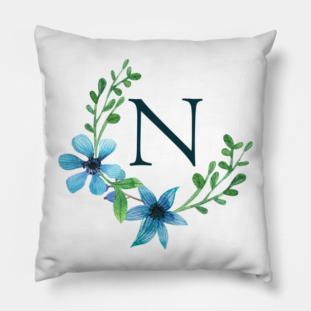 Floral Monogram N Pretty Blue Flowers Pillow by floralmonogram