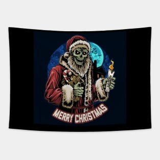 christmas-santa-claus-skull-zombie-holding-candle-midnight Tapestry