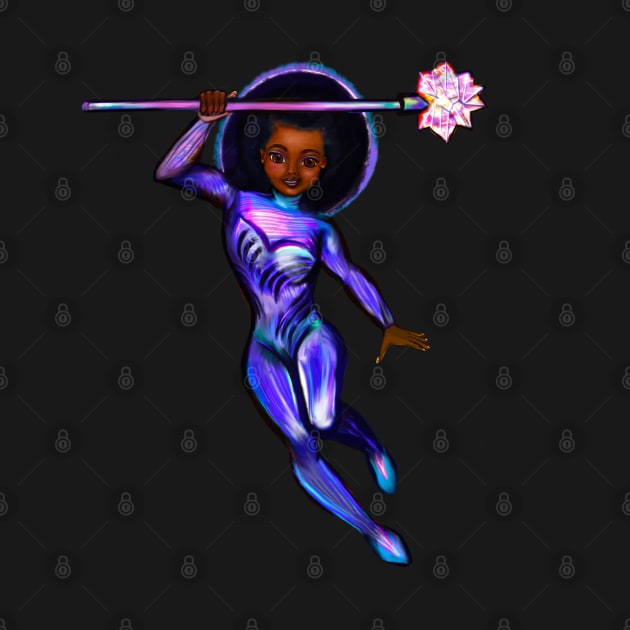 Black anime superhero girl from outer space with lights and smirk ! beautiful  black girl with Afro hair, brown eyes, Cherry pink lips and dark brown skin. Hair love ! by Artonmytee