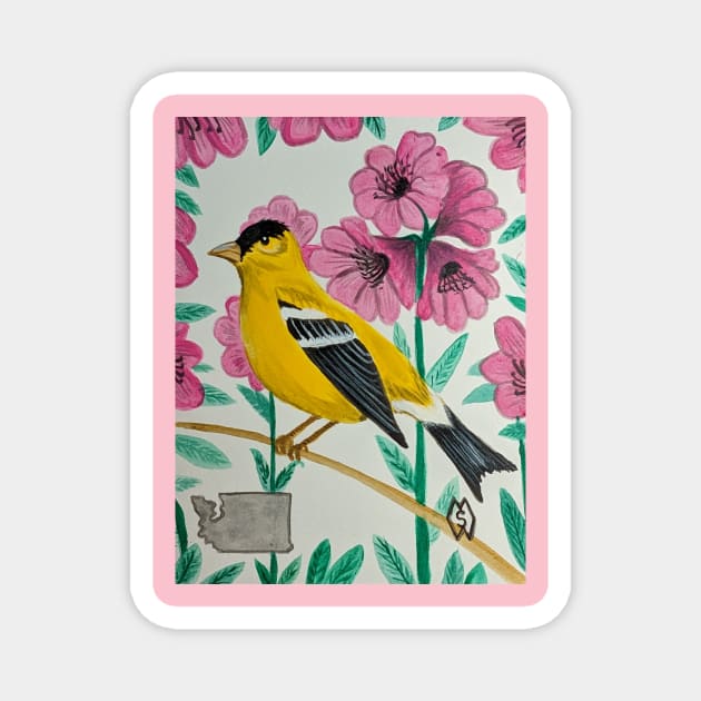 Washington state bird and flower, the goldfinch and rhododendron Magnet by Matt Starr Fine Art