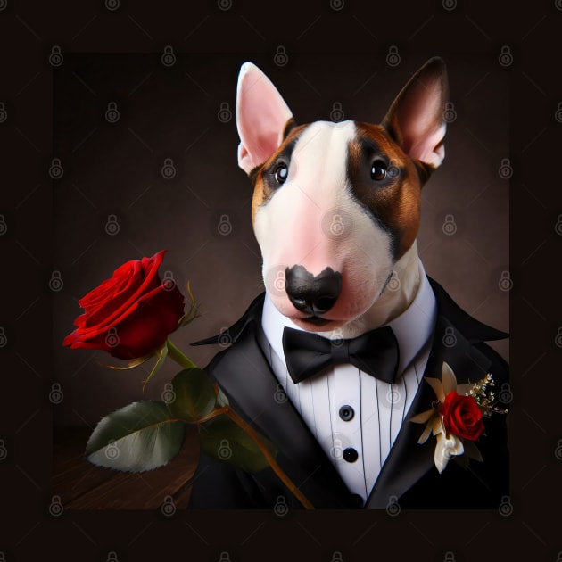 Bull terrier dog in formal tuxedo with rose by nicecorgi