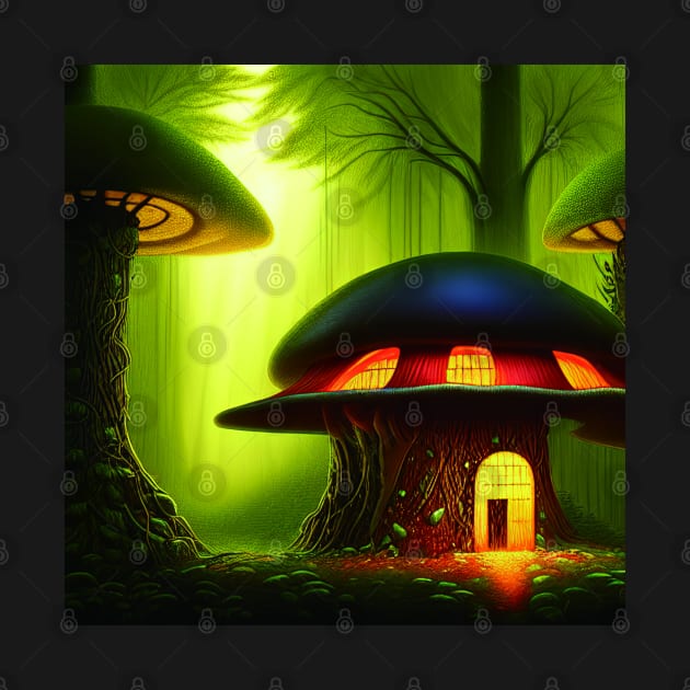 Magical Big Cottage Mushroom House with Lights in Forest with High Trees, Mushroom Aesthetic by Promen Art