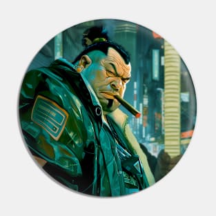 Puff Sumo 2: Smoking a Fat Cigar in a Dystopian City Scene on a Dark Background Pin