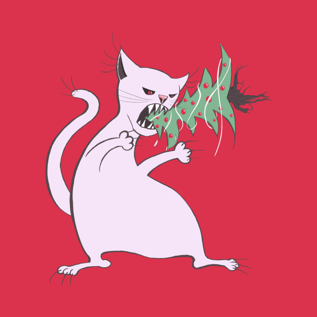 Funny Fat White Cat Eats Christmas Tree by Boriana Giormova