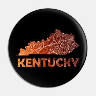 Colorful mandala art map of Kentucky with text in brown and orange Pin