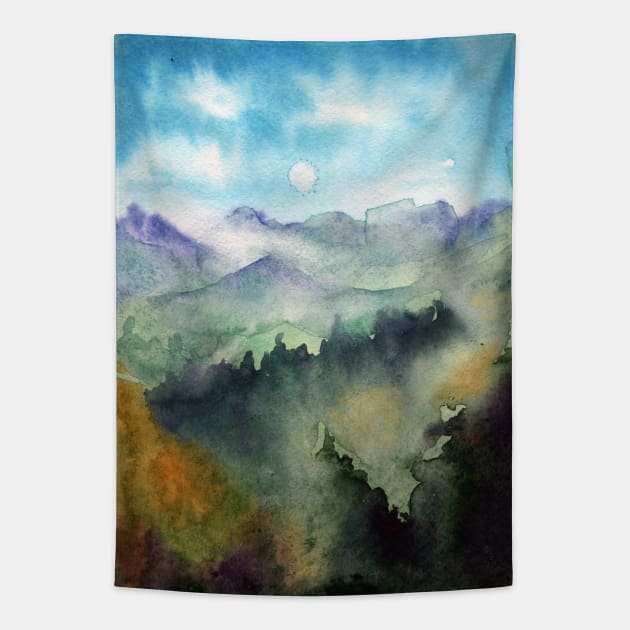 Watercolor landscape sky clouds Tapestry by Olga Berlet