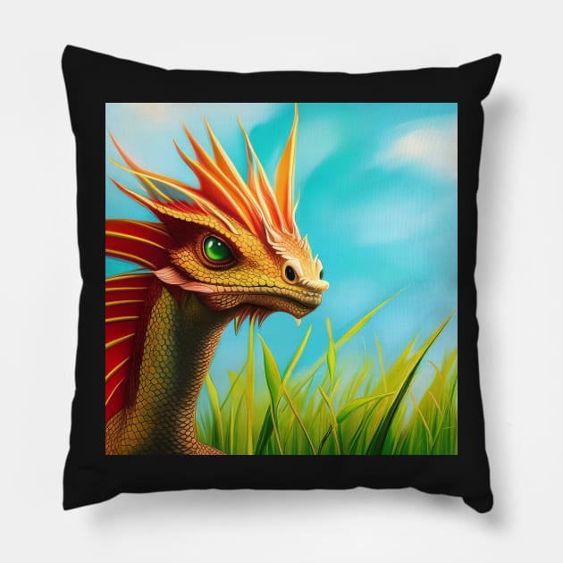 Baby Gold Dragon with Red Fins in the Tall Grass Pillow by dragynrain