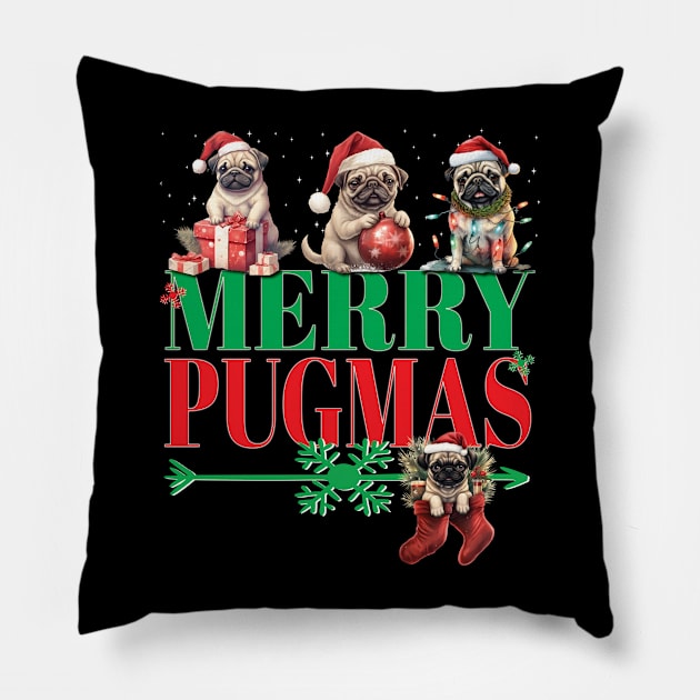 Christmas Pugs With Santa Hat Merry Pugmas Xmas Puppies Dog Christmas Pillow by Envision Styles