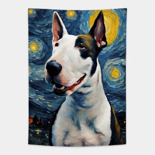 Adorable Bull Terrier Dog Breed Painting in a Van Gogh Starry Night Art Style Tapestry