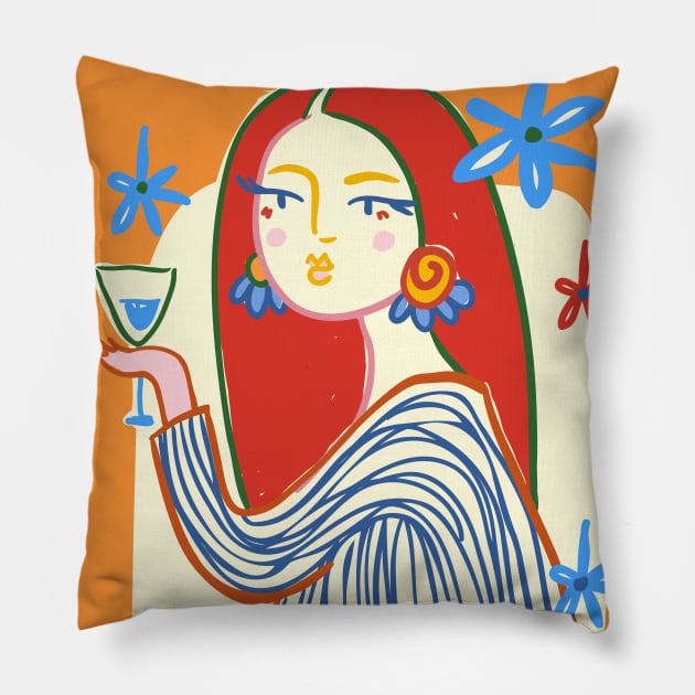 Flower girl with glass of wine, Abstract art, Colorful retro print, Floral art, Self love, Party mood Pillow by KristinityArt