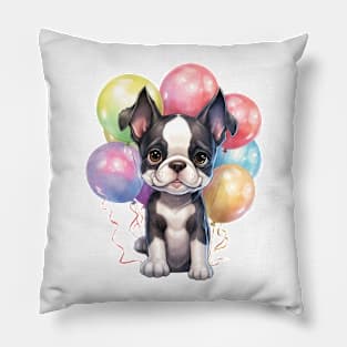 Boston Terrier Dog Holding Balloons Pillow