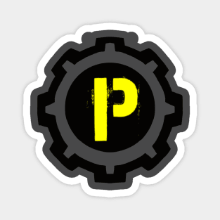 Yellow Letter P in a Black Industrial Cog Magnet