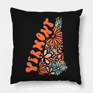 Vermont State Design | Artist Designed Illustration Featuring Vermont State Filled With Retro Flowers with Retro Hand-Lettering Pillow