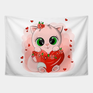Funny cat with a big red heart Tapestry