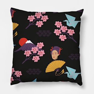 Japan Aesthetic Pattern On Black Pillow