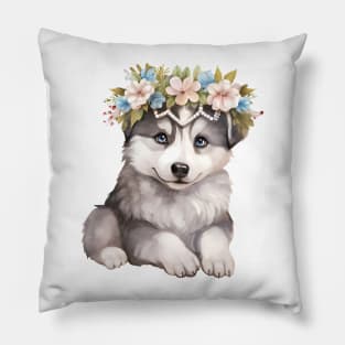 Watercolor Siberian Husky Dog with Head Wreath Pillow