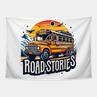 School Bus On An Adventurous Road Trip, Road Stories Tapestry