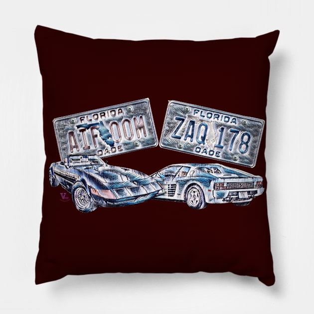 Miami Vice cars and  plates Pillow by Viper Unconvetional Concept