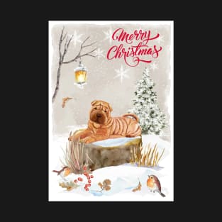 Shar Pei Puppy Merry Christmas Santa Dog Holiday Greeting T-Shirt