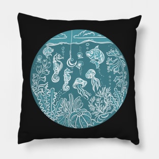 Under the Sea Lino Print Porthole with Fish, Seahorses and Seaweed Pillow