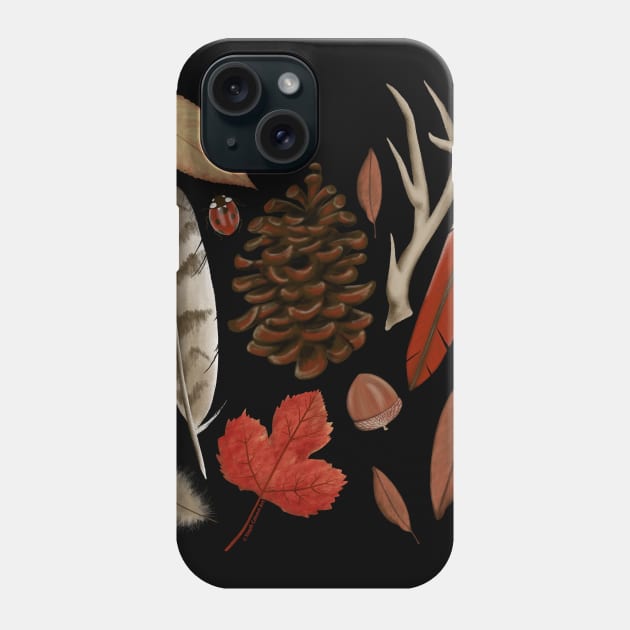 Fall Leaves with Antlers, Feathers, Pinecones, Ladybug Phone Case by Steph Calvert Art