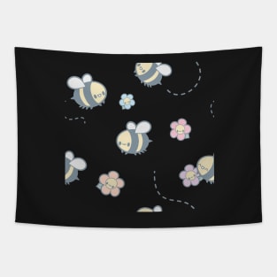 Pastel Pink Kawaii Bees and Flowers Artwork | Cute Spring Aesthetic Tapestry