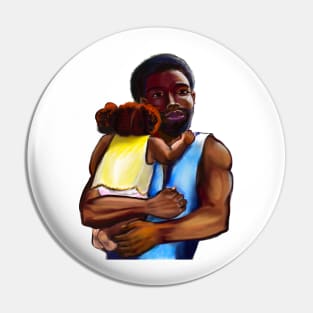 The best Father’s Day gifts 2022.Father and child - Super dad -  Strong muscular black man cradling a baby Pin