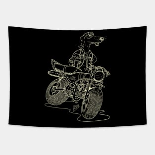 Daxhund and his motorcycle, dark shirts no background. Tapestry