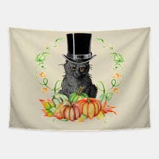 Autumn Harvest Wreath with Angry Black Kitty Cat in a Top Hat Tapestry