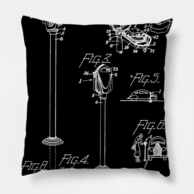 coin controlled parking meter Vintage Patent Hand Drawing Pillow by TheYoungDesigns