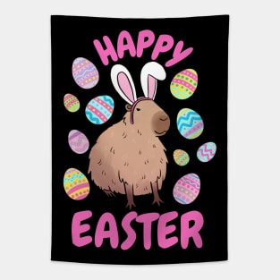 Happy easter cute capybara wearing bunny ears Tapestry