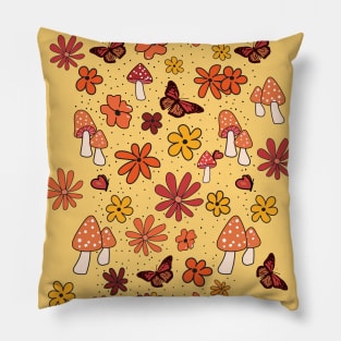 Yellow and Orange Flowers Butterflies and Mushrooms Cottagecore Aesthetic Pillow