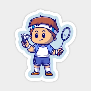 Cute Boy Playing Badminton Cartoon Magnet