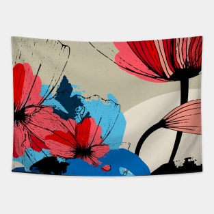 Flowers and Monstera Leaves – Floral illustration in red, blue and black Tapestry