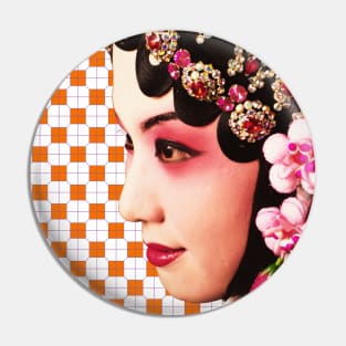 Chinese Opera Star with Bright Orange Tile Floor Pattern- Hong Kong Retro Pin