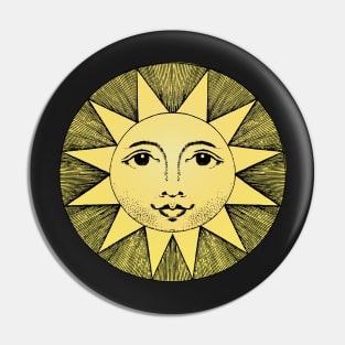 celestial yellow sun with face line drawing vintage black Pin